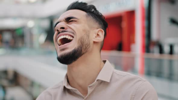 Portrait Funny Happy Hispanic Indian Bearded Man Arabian Guy Arab Male Laughing Loud Sincere Smile