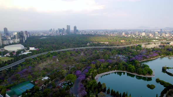 frontal drone shot of mexico city forest Chapultepec at sunset