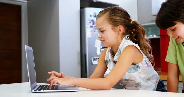 Siblings using laptop in kitchen