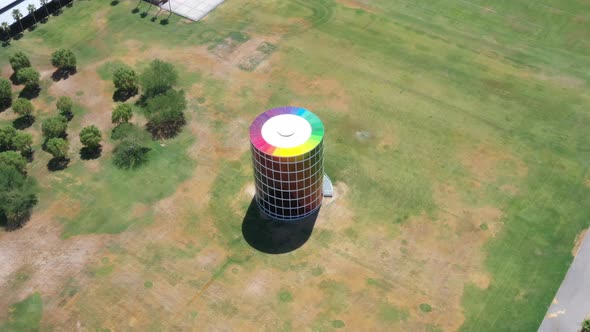 Empty and desolate colorful round Empire polo club building in green rural countryside at Coachella