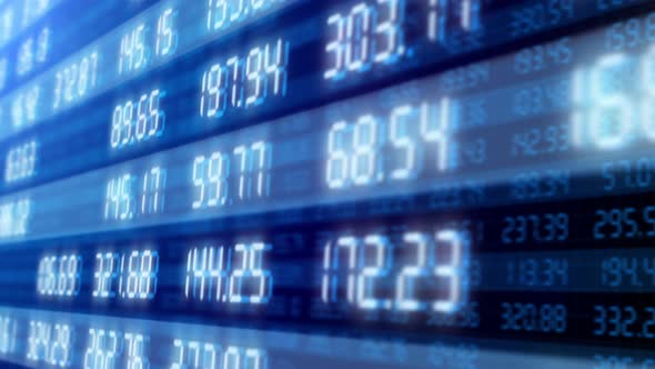 Close-up view to the financial figures on the 3d digital stock market board 4k