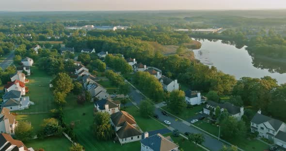 Aerial View House Development Complex Area of Small Town Near River in East Brunswick New Jersey US