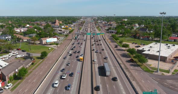 Aerial view of cars on I-45 South in Houston headed towards Galveston, Texas.