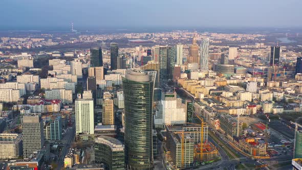 View From the Height on Warsaw Business Center Skyscrapers and Palace of Science and Culture on the