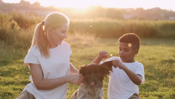 Mom and Son Are Resting in the Park with Their Dog