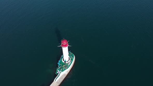 Odessa Ukraine Black Sea Beautiful Red White Lighthouse Isolated Drone Orbit High Angle Shot