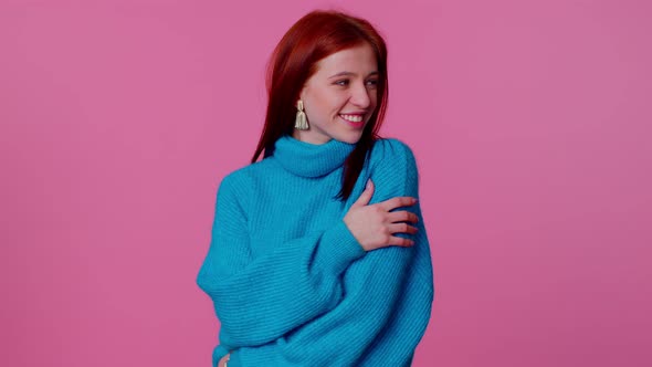 Cheerful Lovely Teenager Student Girl Fashion Model in Blue Sweater Smiling and Looking at Camera