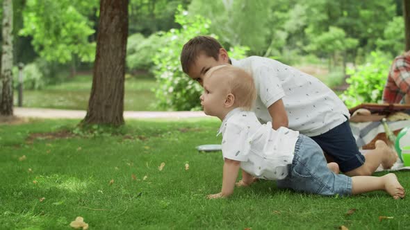 Adorable Toddler Falling on Grass in Park. Parents Laughing with Kids Outdoors