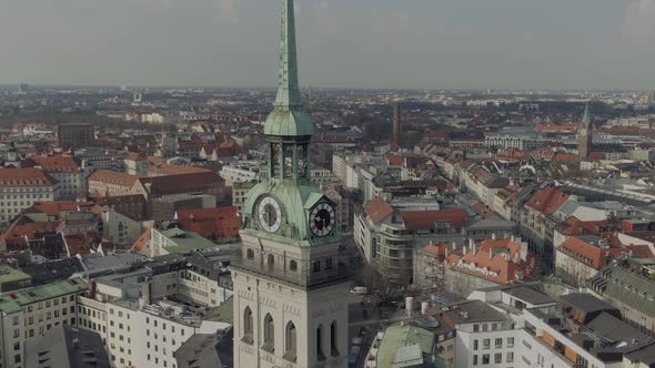 Munich, Germany. Aerial View of Alter Peter Catholic Church Tower and Cityscape Skyline in Backgroun