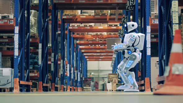 Cyborg and Male Engineer Are Crossing the Hall of the Warehouse