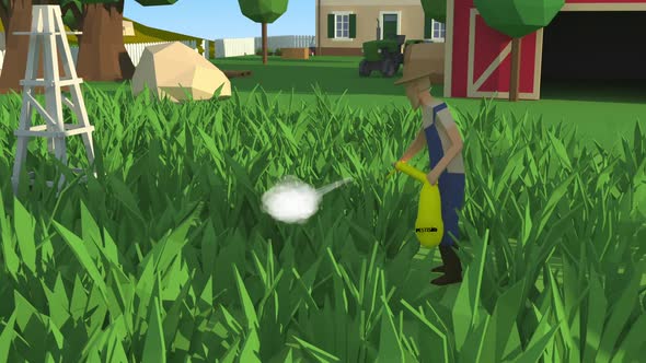 Farmer Spraying Pesticide On A Field 3D Low Poly Animation