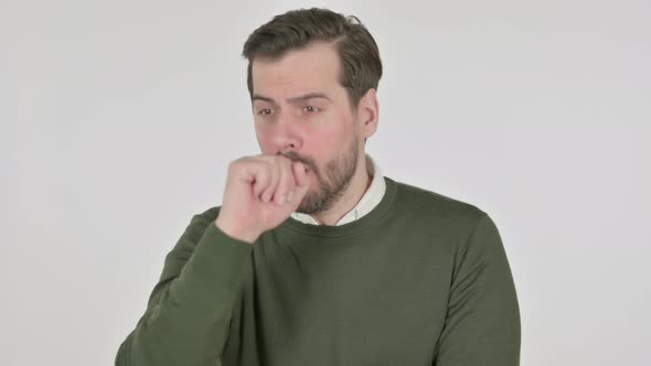 Portrait of Sick Man Coughing White Screen