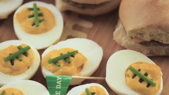 Football deviled eggs for Super Bowl party.