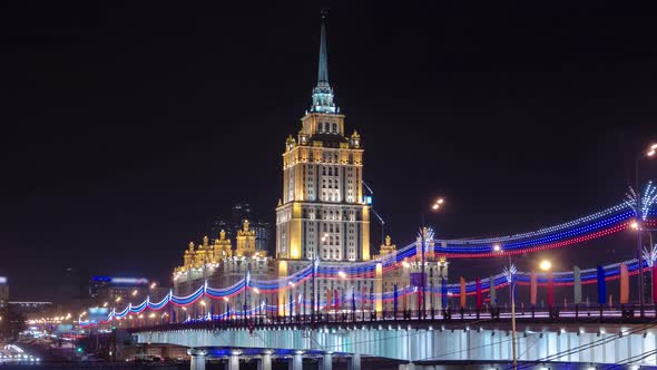 Hotel Ukraine Winter Night Timelapse Hyperlapse with Bridge Over Moscow River.