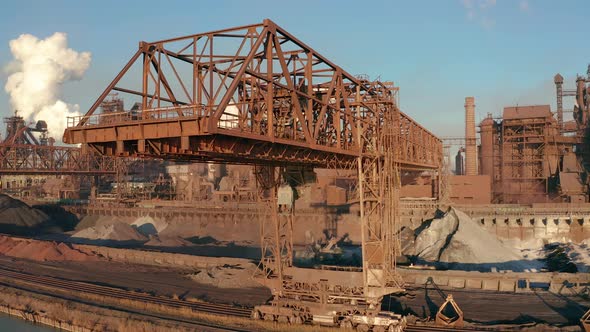  Camera Motion View of Industrial Working Crane Bridge.