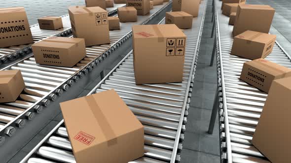 Donation in the Cardboard Boxes Which Moving on Conveyor Belt Seamless Loop 4k