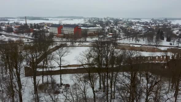 Ruins of Ancient Livonian Order's Stone Medieval Castle Latvia Aerial Drone Top Shot 