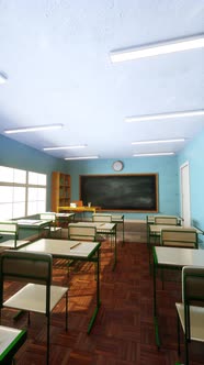 3D Video vertical Animation. Blank blackboard in an empty school classroom. Education concept.