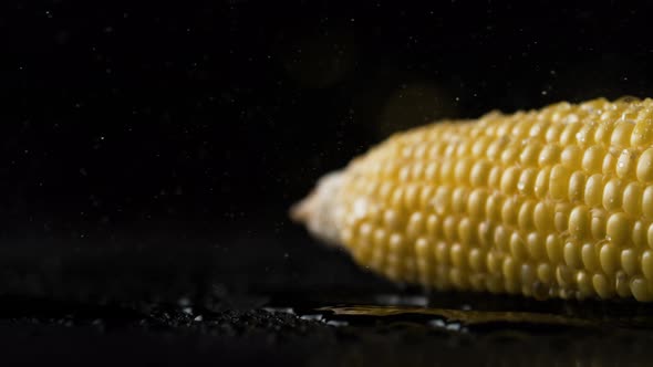 Camera follows fresh row sweet corn. Slow Motion.