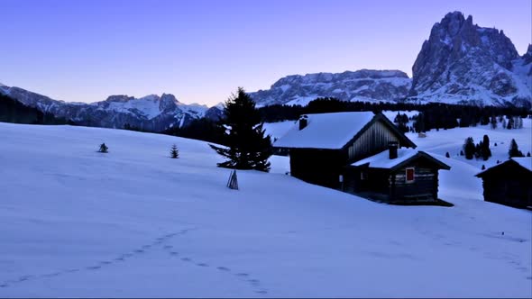 Winter Sunrise Over Alpe Di Siusi, Dolomites, Italy