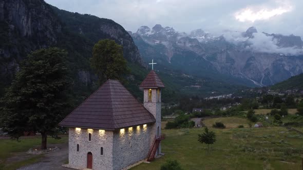 Church of Theth Village on Beautiful Panoramic High Alpine Mountains in Albania