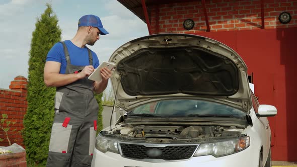 Man in Work Clothes Finds Out Cause of Car Failure in Tablet