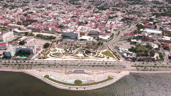 flying over the parks of the walled city of Campeche