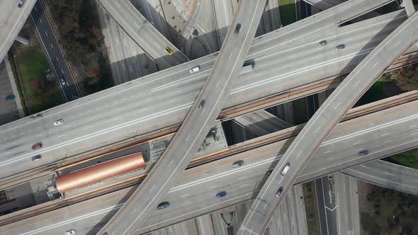 AERIAL: Spectacular Turning Overhead Shot of Judge Pregerson Highway Showing Multiple Roads, Bridges