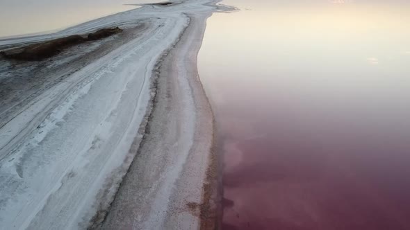 Landscapes of Pink Lake and Salt Deposits on the Shores of the Spit
