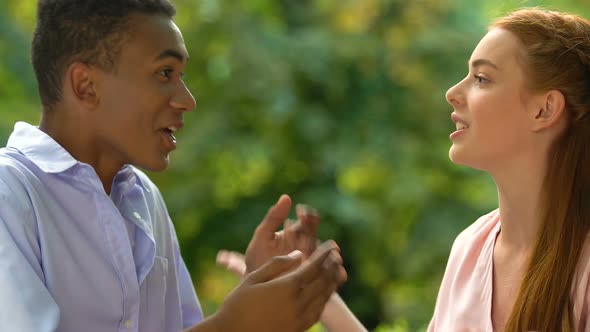 Dissatisfied Multiracial Young Couple Emotionally Discussing Relations in Park