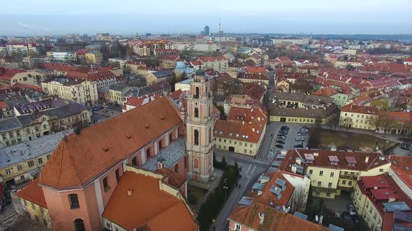 Flying over the Church of All Saints in Vilnius, Lithuania