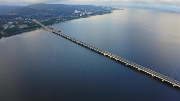 Drone View of a Modern Lowwater Bridge Across the Sea in Vladivostok