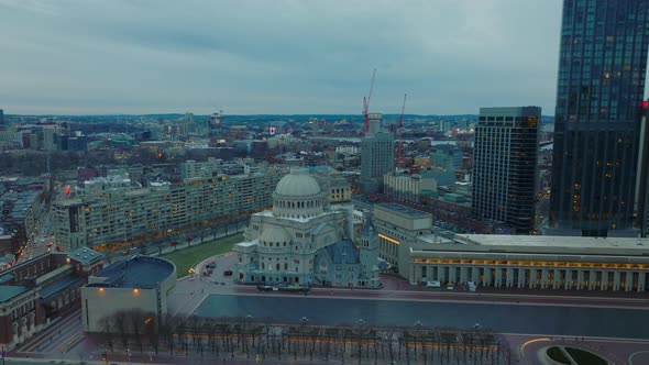 Aerial Slide and Pan Shot of The First Church of Christ with Large Dome