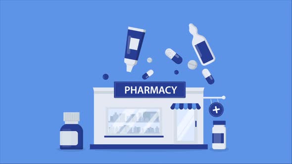 Ecommerce Online Pharmacy Shopping Animation.Medical Service, Hospital,Concept. Online Medicine Shop