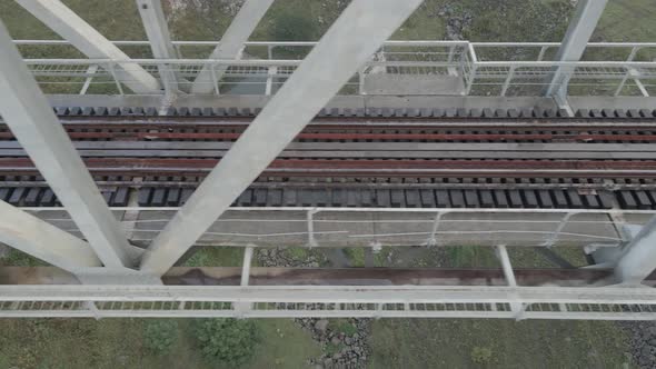 Tsalka, Georgia - August 28 2021: Aerial view of railway bridge in Tsalka