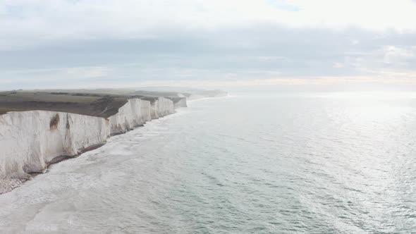 Drone shot along beautiful white chalk cliffs South England