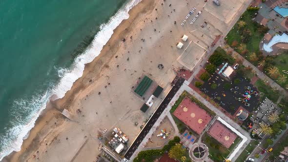 Beach infrastructure aerial view 4 k Alanya Turkey