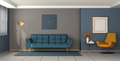 Modern living room with blue sofa and orange armchair - PhotoDune Item for Sale