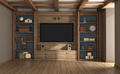 Retro style room with bookcase in solid wood and flat tv - PhotoDune Item for Sale
