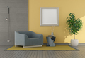 Yellow and gray living room with blue armchair - PhotoDune Item for Sale