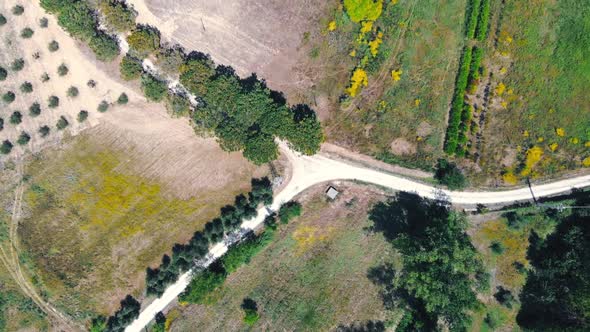 Aerial view of road and agricultural fields in Marche region, Italy