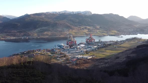 Revealing westcon shipyard Ølensvåg Norway from mountaintop far away