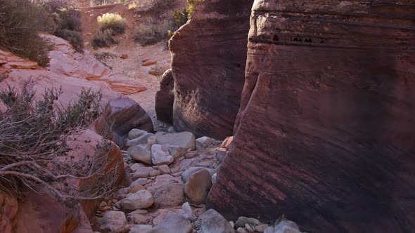 Rocky riverbed in slot canyon in the Utah desert during dry season