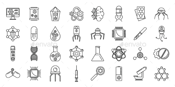 Nanotechnology Science Icons Set Outline Style