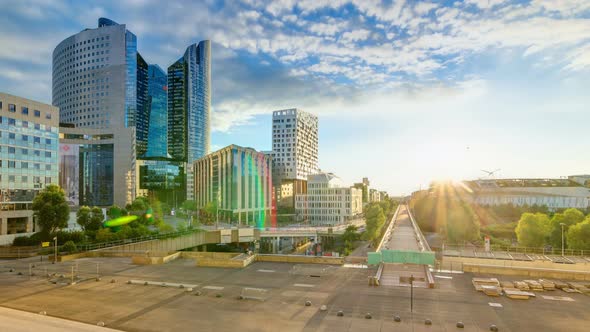 Paris Defense Business District Skyline and Its Office Buildings at Sunset Timelapse