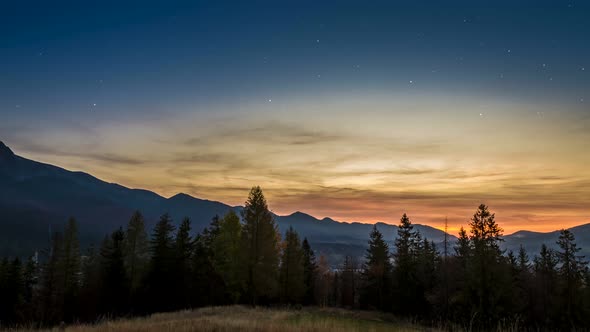 Sunset in Tatra mountains view from Zakopane with stars, Poland