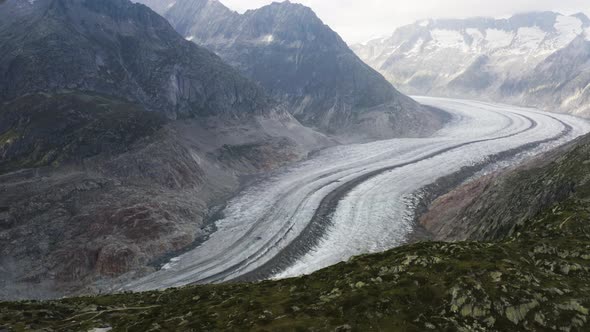 Aerial shows Aletschglacier and a bird passes by, Switzerland