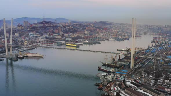 A Wonderful View From a Drone of the Golden Bridge and the City at Sunset