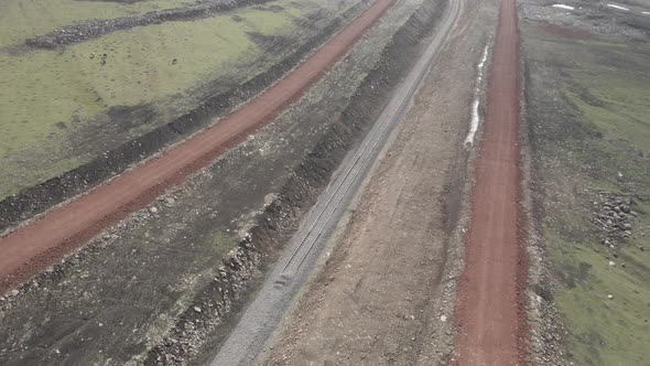 Moving along railroad tracks. Aerial view of Railroad emergency stop track in Trialeti, Georgia