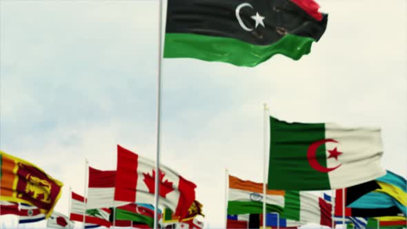 Libya Flag With World Globe Flags Morning Shot